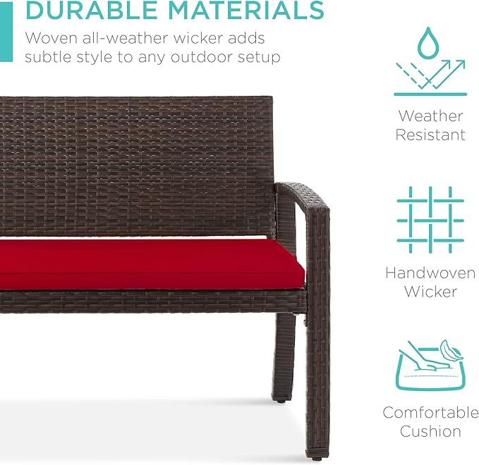 Best Choice Products Outdoor Bench 2-Person Wicker Garden Patio Benches Seating Furniture for Backyard, Porch w/Seat Cushion, 700lb Capacity - Brown/Red