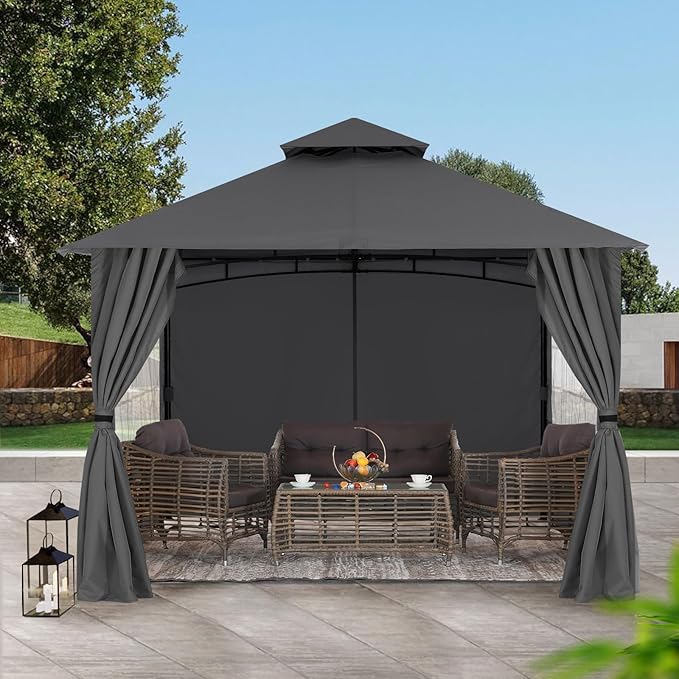 MASTERCANOPY Patio Gazebo Steel Frame Outdoor Gazebo with Windows Curtains (10x12,Dark Gray)