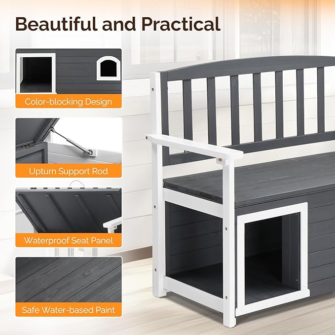 VINGLI Outdoor Storage Bench with Built-in Dog House, 2-in-1 Outdoor Waterproof Patio Bench with Pet Kennel for Patio Backyard Porch (Gray)
