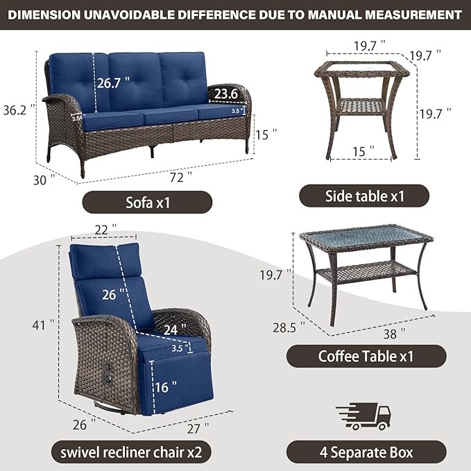 Belord 5 Piece Patio Furniture Set with Swivel Recliner Chair - Outdoor Patio Couch Set, Chaise Lounge Chair Outdoor with Adjustable Backrest and Footrest and Coffee Table for Casual Gathering