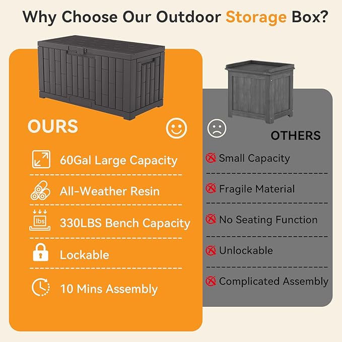NEWBULIG 60 Gallon Deck Box, Waterproof Outdoor Storage Box with Lockable Lid, Patio Furniture Bench & Side Table, Outside Storage Container, Tool-Free Assembly, for Garden, Pool, Brown