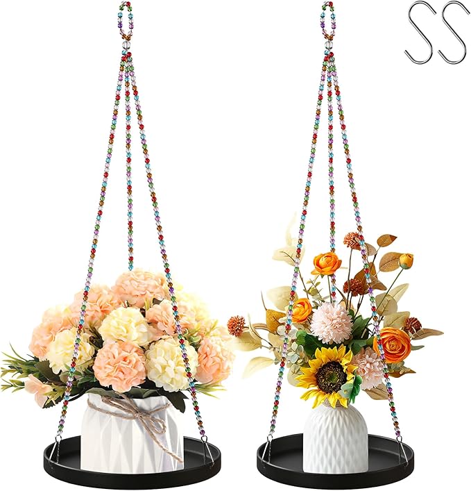 2-Pack Modern Boho Macrame Plant Hanger, 10/11 Inch Metal Hanging Planter Holder for Indoor and Outdoor Home Garden Decor, Black Hanging Plant Shelf for Window, Wall, and Ceiling. (American, 10/11)