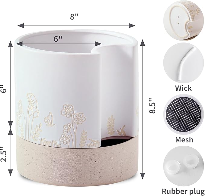 Nihow Self Watering Plant Pot: 8 Inch Ceramic Planter with Drainage Hole & Water Storage Plus for Indoor & Outdoor Plants - Cylinder Round Flower Pot for Succulent/Herbs/Violets - Nature & White