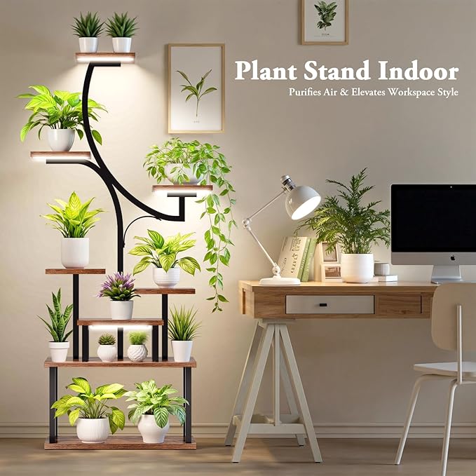 [2026 New Upgraded] Plant Stand Indoor with 4 Grow Lights & 3 Colors, 8 Tiered Corner Plant Shelf, 63" Tall Plant Stands for Indoor Plants Multiple, Metal Flower Display Shelves Holder for Home
