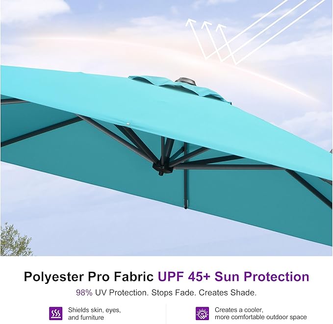 PURPLE LEAF 10 Feet Patio Umbrella Outdoor Cantilever Square Umbrella Aluminum Offset Umbrella with 360-degree Rotation for Garden Deck Pool Patio Turquoise Blue