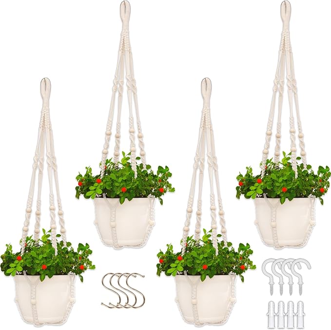 Macrame Plant Hanger Indoor,Hanging Planters for Indoor Plants with 8 Hooks,Outdoor Hanging Plant Holder Crochet for Window,Ceiling Boho Home Decor Basket Pot,White 4 Pack,Ivory