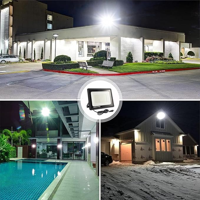 4Pack LED Flood Light Outdoor,100W LED Work Light 11000lm with 6FT US Plug,IP66 Waterproof Exterior Security Lights,6000K Daylight White Outside Floodlights Slim Design for Playground Yard