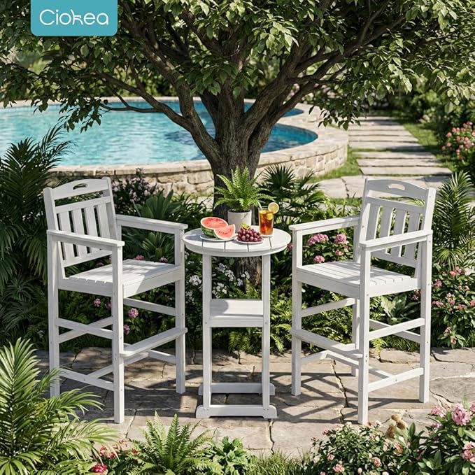 Ciokea 3-Pcs Bistro Table and Chairs, All-Weather Round High Top Bar Table with Storage Shelf and 2 Oversized Adirondack Chairs, Heavy Duty Outdoor Bar Set Patio Bistro Set for Balcony Deck, White
