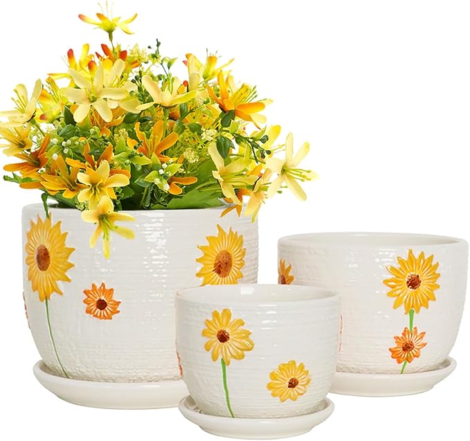 Ceramic Plant Pots Set of 3, 6.75/5.6/4.2 inch Planters with Drainage Holes and Saucer, Flower Pots Outdoor Indoor, Modern Decorative Planters for House Plants Garden Planters Succulent Pots