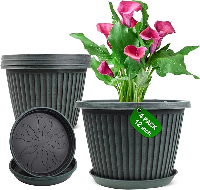 Large-Planter-Indoor-Outdoor Plant Pots, 12 inch 4 Pack Plastic Flower Pots with Saucer And Drainage Holes, Modern Garden Planters For Planting Medium Large Plants, Decorative Resin Garden Pots