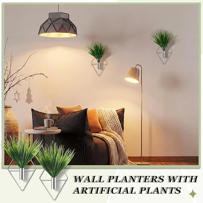 8 Pieces Silver Wall Decor Hanging Planters with Artificial Plants Metal Vase Indoor Aquatic Plant Holder Modern Geometric Wall Art for Home Bathroom Bedroom Living Room Office