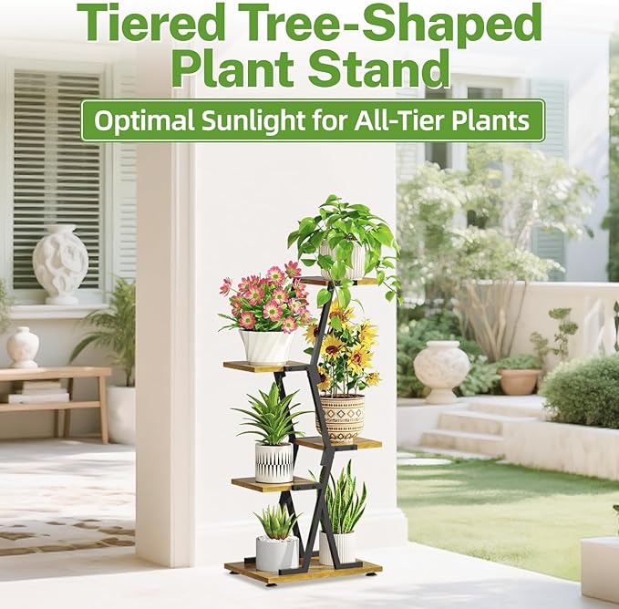 iDavosic.ly 4 Tier Indoor Plant Stand, Corner Tall Metal & Wood Flower Shelf, Orchid Display Rack for Living Room Balcony Patio Porch, Space Saving & Multifunctional Display, Black & Brown