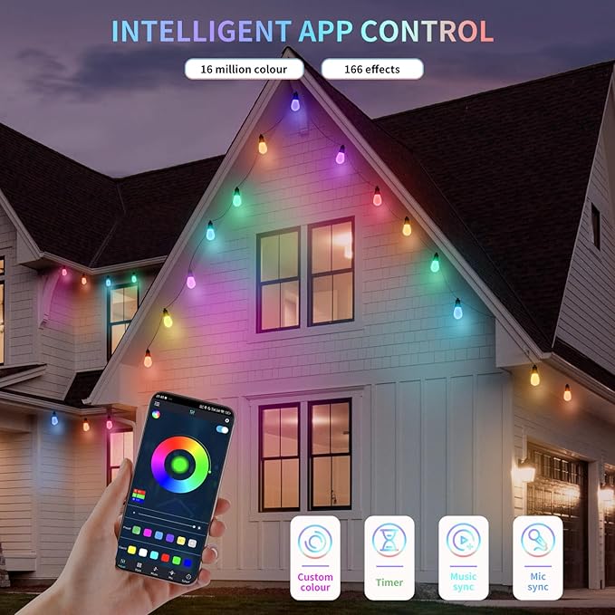 Outdoor String Lights 75FT, Outdoor Lights for Patio with 30 Dimmable RGBW LED Bulbs, IP66 Waterproof Shatterproof, with APP Control & Remote, 24V Adapter Color Change,for Backyard Decor