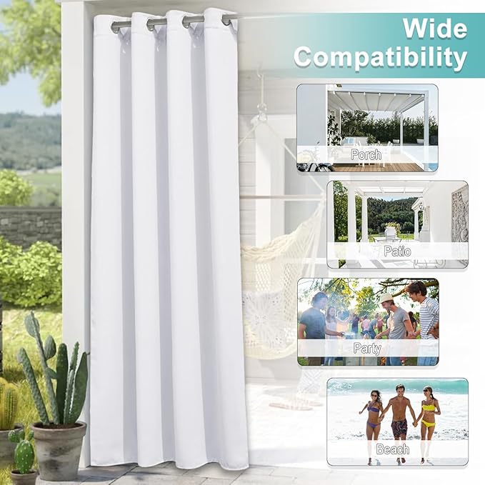 NICETOWN Waterproof Outdoor Curtain 84 inches Long, Sun Blocking Thermal Insulated Shade Weatherproof Privacy Curtain for Porch/Pergola/Garden, 1 Panel, W52 x L84 inch, Pure White