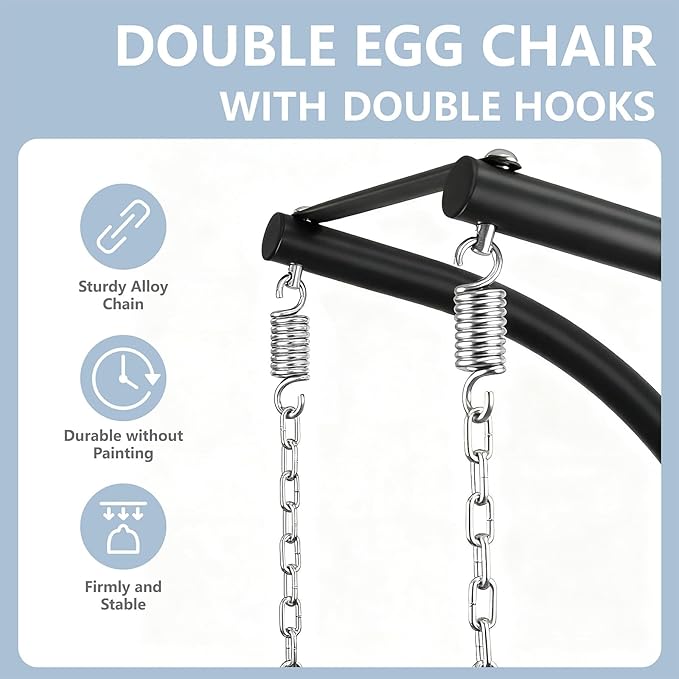 SWITTE Double Hanging Egg Chair with Stand, Outdoor Patio 2 Person Wicker Hammock Swing Chairs with Cushion Loveseat for Indoor Bedroom, Lawn, Garden-Beige