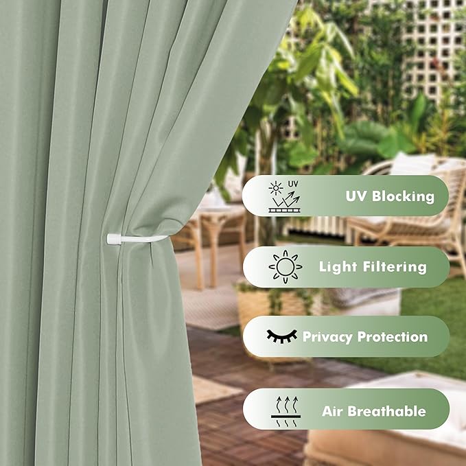 HolidayIdeas Outdoor Curtains for Patio Waterproof, 6 Panels - 54x95 Inches - Weatherproof Privacy Outsides Curtains for Cabana Porch Pergola, Sunlight & UV Blocking (SageGreen, Grommet Top)