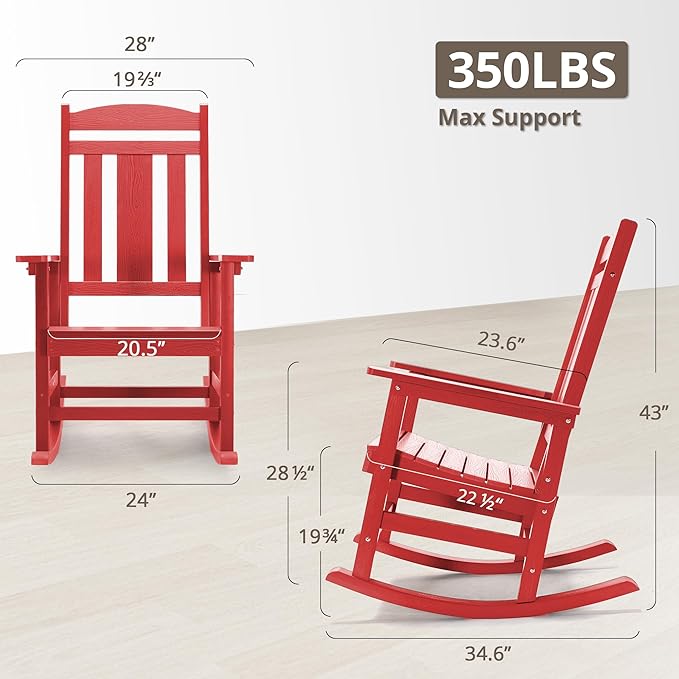 LUE BONA Outdoor Rocking Chairs Set of 4, HDPS Porch Rocker with High Back, Plastic Weather Resistant Rocking Chairs for Outdoor Indoor, Garden, Backyard, 350lb, Bright Red