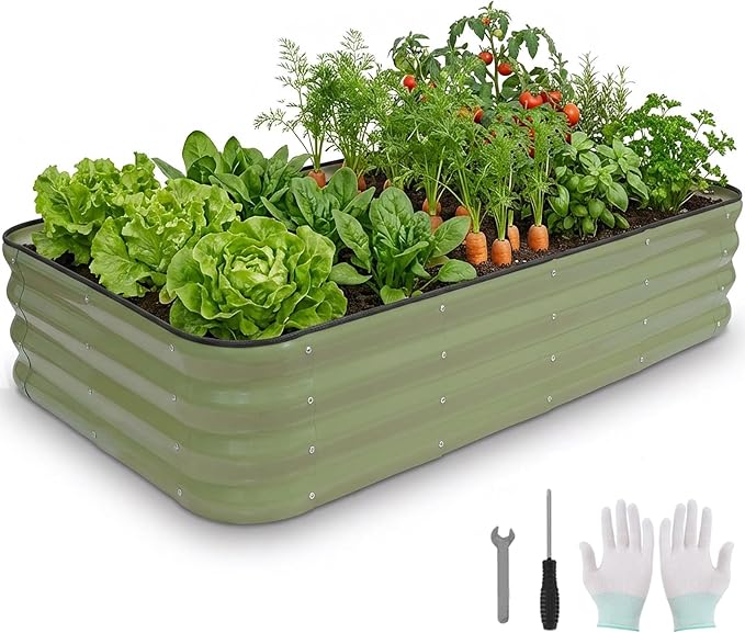 4 in 1Galvanized Raised Garden Bed - 5x3x1ft Modular Garden Planter Bed Outdoor | Steel Raised Bed Kit with Bracing Rods, Gloves for Gardening Vegetables Fruits and Flowers (Green)