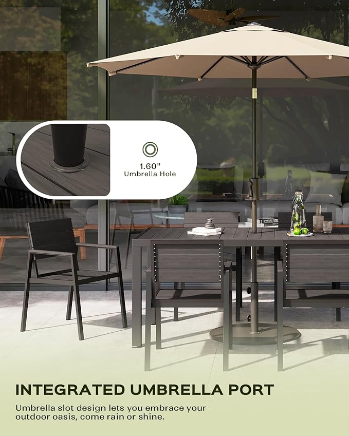 67" HDPS Outdoor Patio Dining Table, Aluminum-Edged Outdoor Dining Table with Umbrella Hole, Weather-Resistant for Lawn, Garden, Poolside and Indoor Use, Charcoal