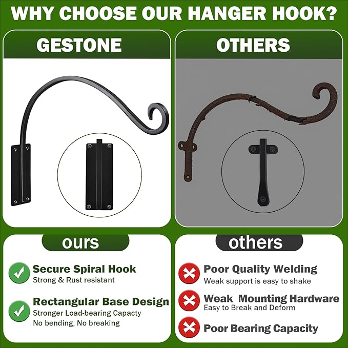 16 Inch Plant Hangers Outdoor 2 Pack,Plant Hanging Hook Bracket for Bird Feeder Hanger,Hanging Plant Hooks for Outside Baskets Lanterns Wind Chimes Outdoor Indoor