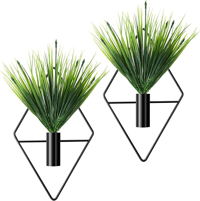 4 Pcs Wall Decor Hanging Planters with Artificial Plants Metal Hanging Vase Indoor Plants Holder Modern Boho Wall Art for Bathroom Bedroom Living Room Decor(Black,Aquatic Plant)