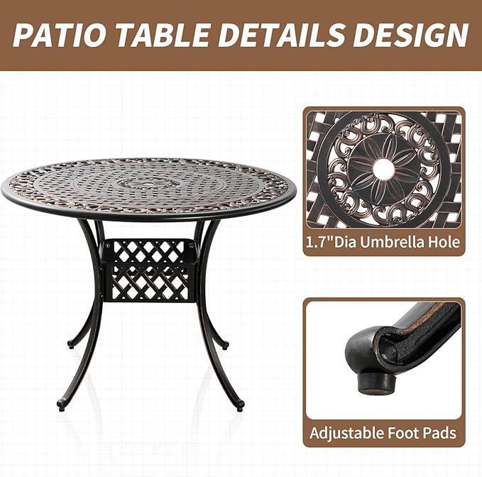 41" Round Patio Dining Table with Umbrella Hole, Outdoor Cast Aluminum Bistro Conversation Outdoor Table for Backyard Porch Pool Balcony Deck