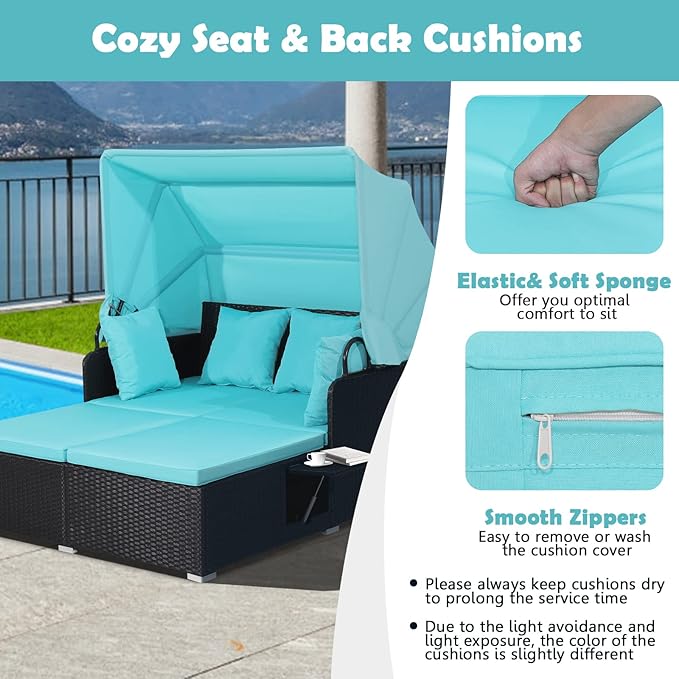 Tangkula Patio Rattan Daybed with Retractable Canopy, Patiojoy Wicker Sun Lounger with 2 Foldable Side Panels, Thick Seat & Back Cushions, for Garden, Backyard, Porch (Turquoise)