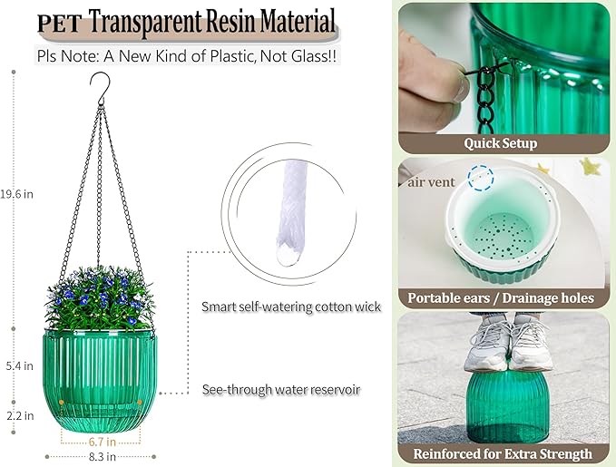 Melphoe 1 Pack Self Watering Hanging Planters Indoor Flower Pots, 8.3 Inch Outdoor Hanging Plant Pot Basket, Plant Hanger with 3Hooks Drainage Holes for Garden Home