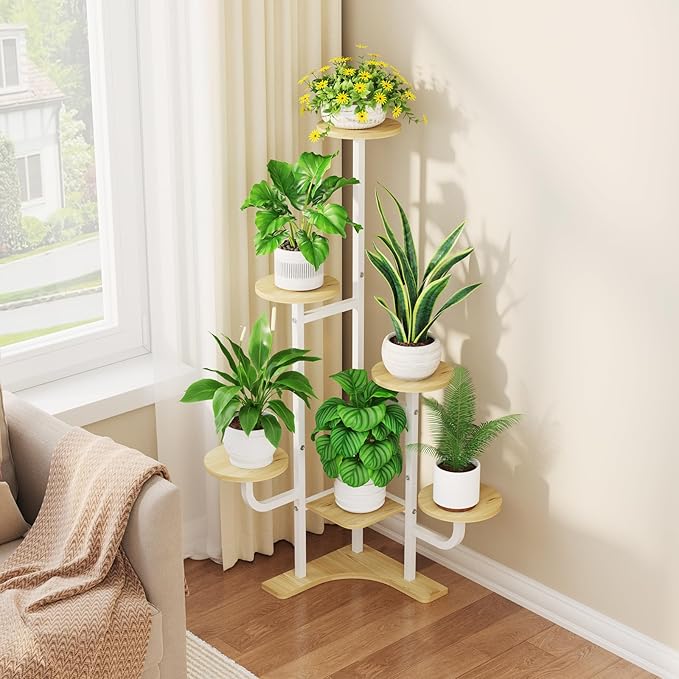 Corner Plant Stand with Grow Light - 6 Tier Plant Stand Indoor Round Metal Plant Shelf with Adjustable Light, Plant Organizer for Living Room, Graden, Home Decor (Maple)