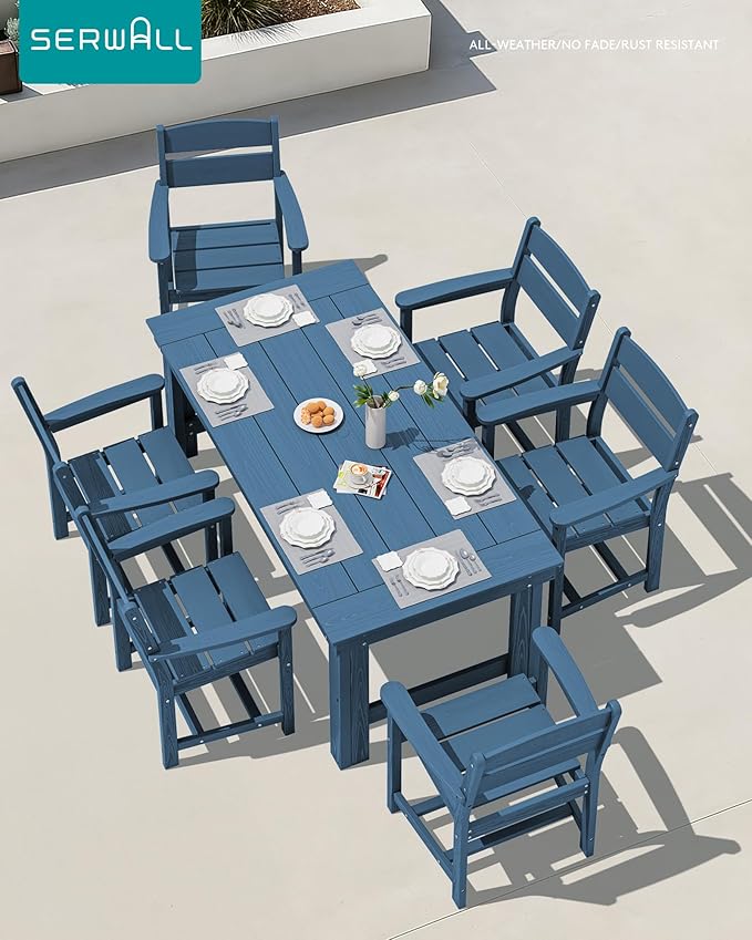 SERWALL Outdoor Dining Table Set, 67‘’ HDPE Patio Dining Set for 6, All-Weather Outdoor Table and Chairs Set for Deck, Blue