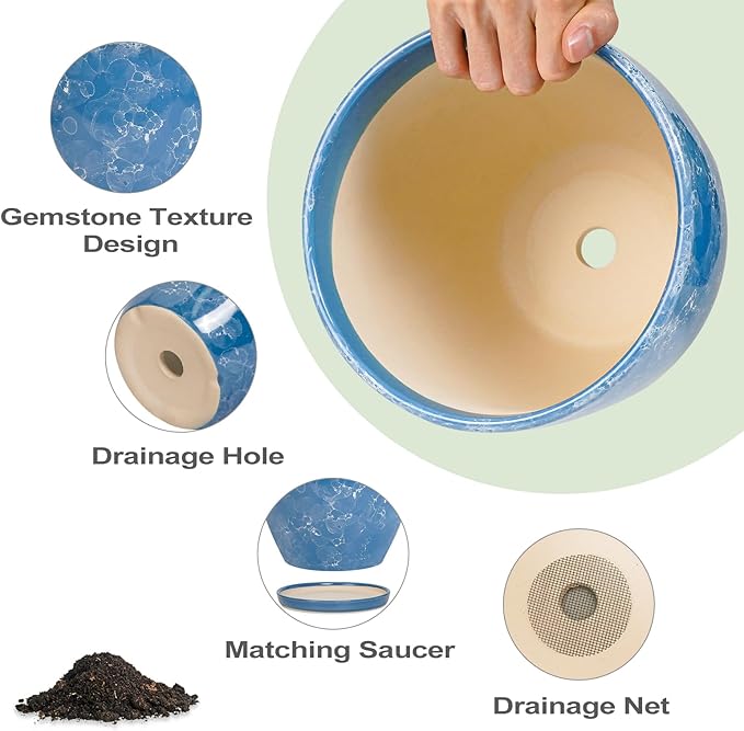 8 Inch Plant Pot - Ceraimc Planter for Indoor Outdoor Plants, Round Flower Pot with Drainage and Saucer, Decorative Planter, Porch Room Office House Decor, Gardening Gifts for Women, Blue