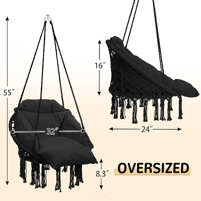Macrame Hammock Hanging Swinging Chair with Oversized Cushion, Perfect for Bedroom, Porch, Kids, Adults, Balcony, Black
