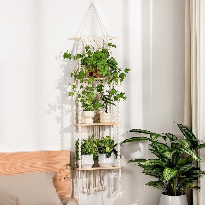 Bamworld Plant Wall Shelf Boho Plant Stand Window Plant Shelf 3 Tier Macrame Plant Hangers Boho Room Decor Hanging Shelf for Bedroom, Living Room, Balcony