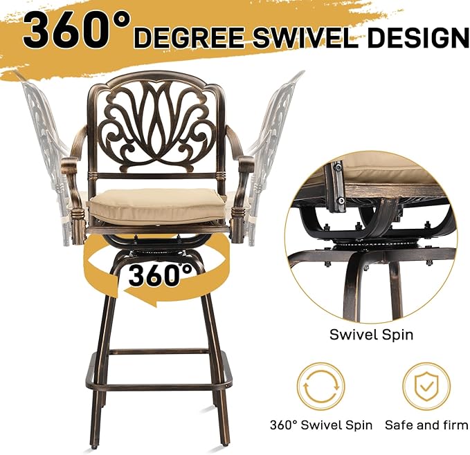 VINGLI Outdoor Swivel Bar Stools Set of 2, Cast Aluminum Patio Bar Height Chairs, All-Weather Bar Dining Chairs Outdoor Swivel Patio Furniture (Elizabethan Back)