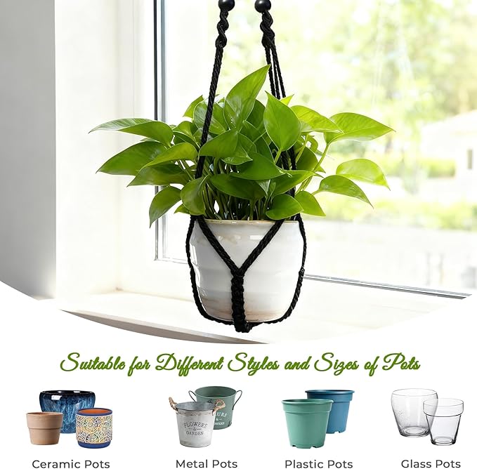 Macrame Plant Hanger, Up to 4-15 inch Pots, Wood Beads Cotton Hanging Planter Holder for Indoor Outdoor Boho Home Decor, 35 Inch, Set of 2 (Black)