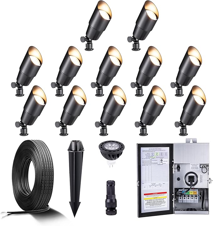 Gardenreet Black Solid Brass 12V LED Landscape Lighting Kit (12-Pack Spotlights) with 300W Low Voltage Transformer & Mechanical Timer & 250FT Wire & 50Pack Connectors for Outdoor Garden Patio