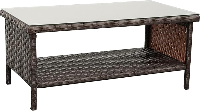 Outdoor Wicker Coffee Table Patio Furniture Garden Rattan 2-Layer Glass Table with Storage and Furniture Cover, Brown