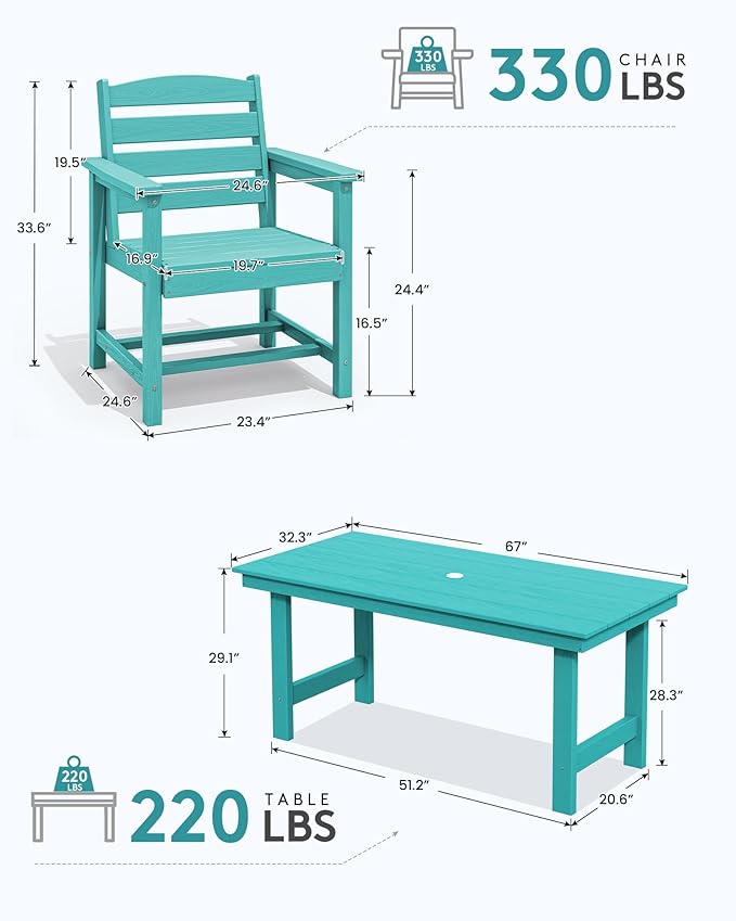 SERWALL 7-Piece Patio Table Set, Outdoor HDPE Dining Furniture with Umbrella Hole, All Weather Table and Chairs for Lawn, Garden, Poolside, Aruba