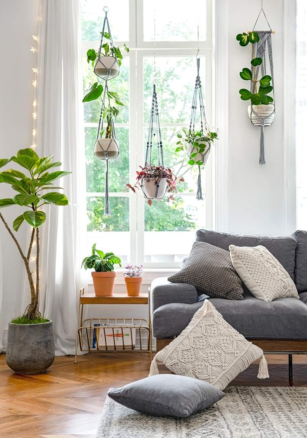 Mkono Macrame Plant Hangers Indoor Outdoor Hanging Planter Basket Cotton Rope 4 Legs 41 Inch, 1 Pack, Grey