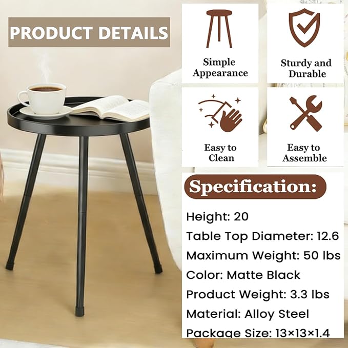 Small Round Side Table Metal End Table Outdoor Black Side Table Mid-Century Modern Accent Table for Office Bedroom Balcony and Small Spaces.