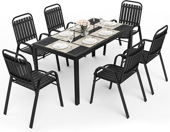 Pamapic Outdoor Dining Sets for 6, Rectangular Steel Slat Table with 6 Plastic Chairs, 7 Piece Patio Table and Chairs Set with Adjustable Umbrella Hole for Garden, Backyard, Poolside (Black)