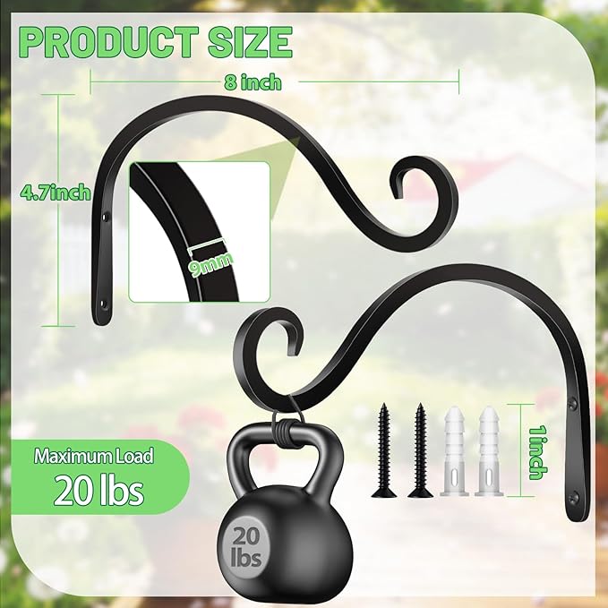 BOLITE Plant Hangers Outdoor Indoor, 8 Inch Wall Plant Hooks, Metal Bird Feeder Hanger for Hummingbird Feeders, Planters, Lanterns, Wind Chimes, Home Decor, 2 Pack, Black, Gifts for Women Men