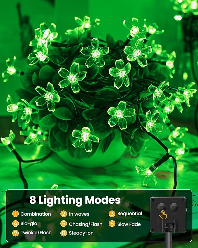 Brightown 60 LED Flower Solar Lights String Outdoor Waterproof Fairy Lights for Garden Yard Fence Patio Christmas Tree Wedding Party Decor, Green