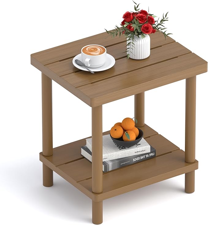 Outdoor Side Table, 2-Tier Small Outdoor Table for Patio, Adirondack Side Tables for Outside or Indoor, Bamboo End Table for Pool, Porch, Weather Resistant Easy Maintenance,Brown