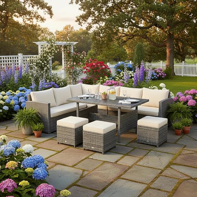 Tangkula 7 Pieces Patio Furniture Set, Outdoor Sectional Rattan Dining Sofa Set with Cushions, All Weather Wicker Conversation Couch Set with Dining Table & Ottomans for Yard Garden Poolside, White