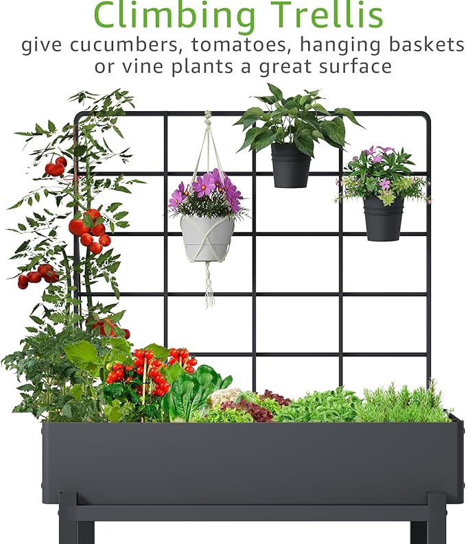 Metal Raised Garden Bed with Trellis & 2-Tier Storage Shelf, Elevated Planter Box with Legs -Includes 3 Flower Pots, Outdoor Vertical Garden for Vegetables Herbs Climbing Plants Patio Balcony