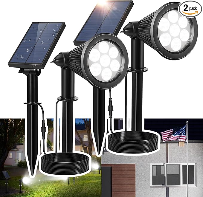 Solar Spotlight Outdoor, Bright 7-LED Flag Pole Spot Light with Separate Panel Waterproof, Dusk-to-Dawn Uplight Flagpole Lights, Landscape Ground Wall Solar Lighting for Tree, House (White, 2pcs)