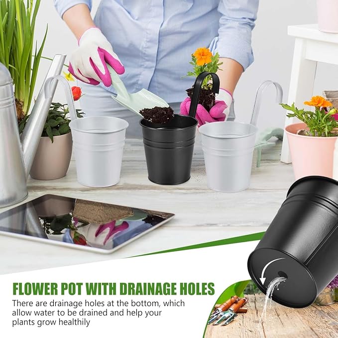 OBTANIM 12 Pack Metal Hanging Flower Pots Railing Planter Outdoor Fence Hanging Bucket Plant Holder with Detachable Hooks Drain Holes for Home Garden Yard Decor (Black and White, 4 x 4 Inch)