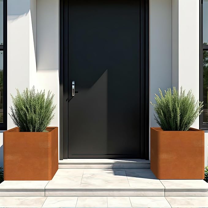 Corten Steel Planter Box 26" L x 26" W x 26" H,Large Metal Square Planter for Outdoor Plants,Metal Cube Flower Pot with Drainage Hole for Porch Hotel Patio Yard
