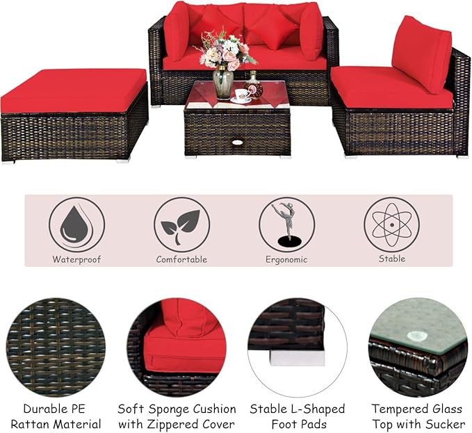 Tangkula 5 Pieces Patio Rattan Furniture Set, Outdoor Sectional Rattan Sofa Set with Back & Seat Cushions, Wicker Conversation Set with Tempered Glass Table for Backyard Porch Poolside (Red)